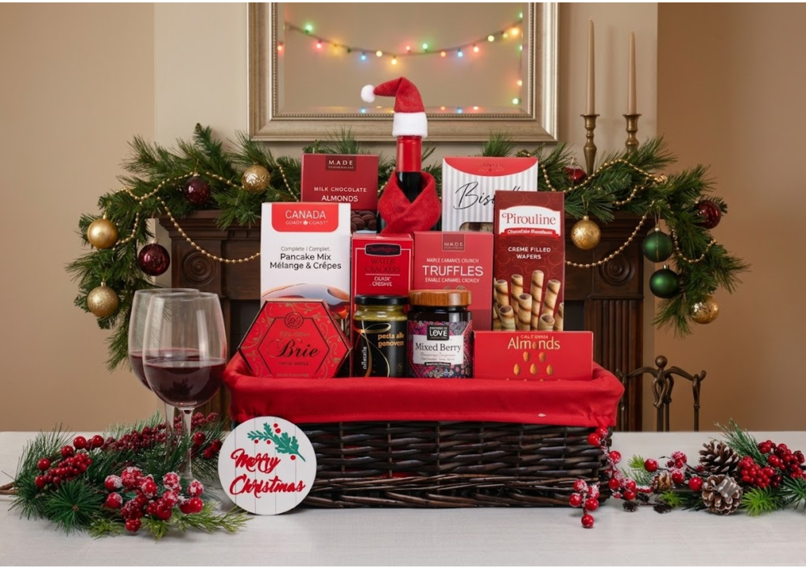 Canadian-made Christmas gift basket filled with gourmet holiday treats and wine.