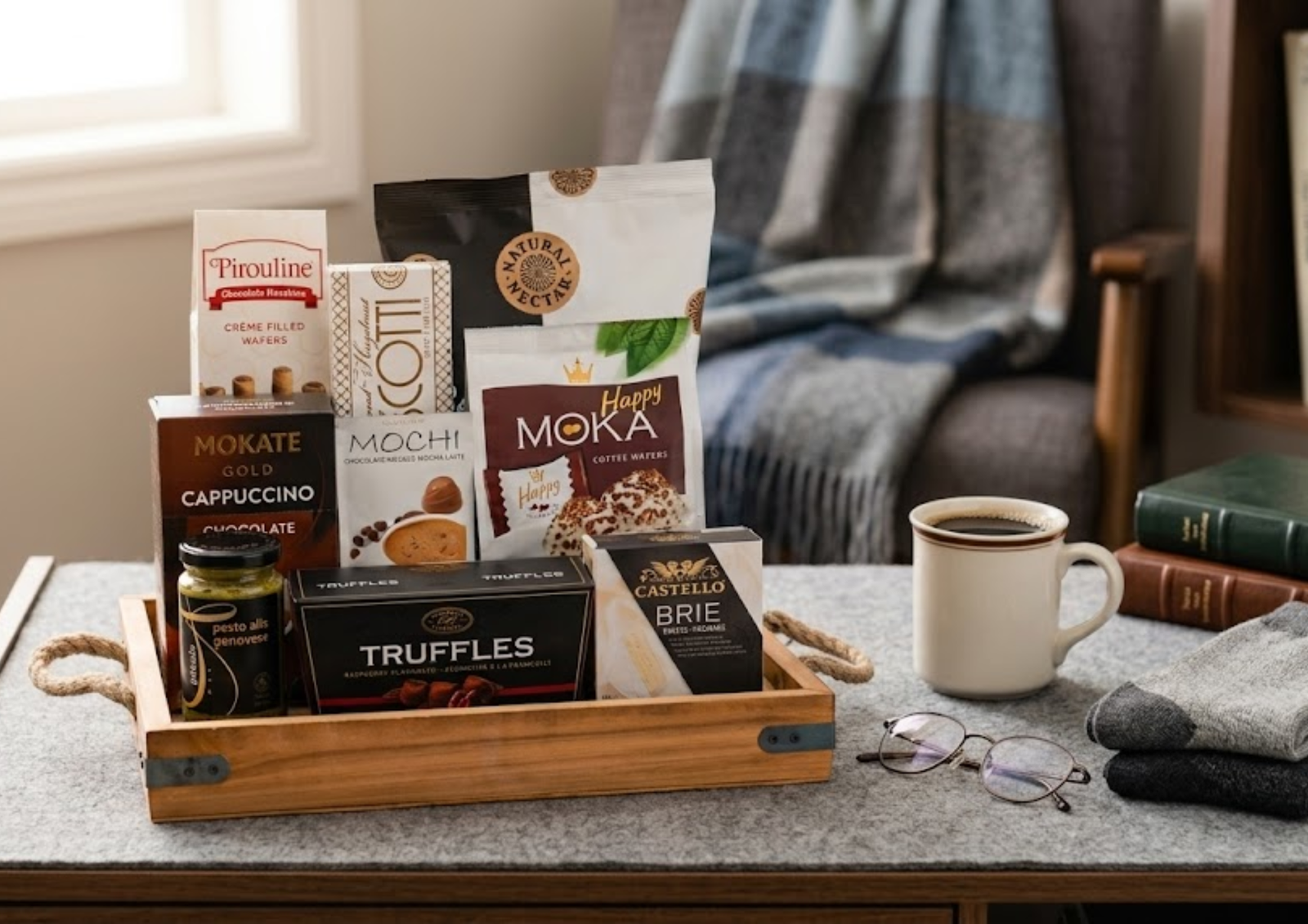 Get well gift basket for men featuring Mokate cappuccino, Castello brie, coffee wafers, and truffles on a wooden tray.