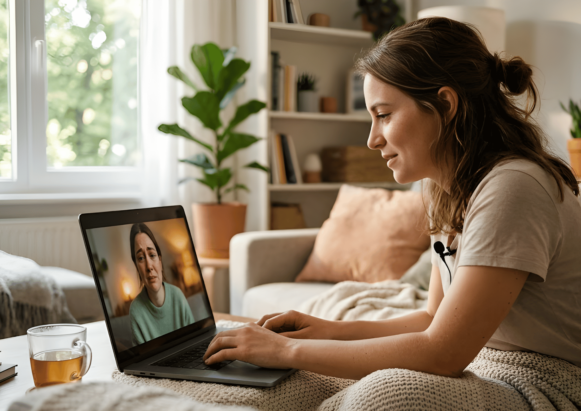 Young woman on a laptop providing emotional support to a friend via video chat.