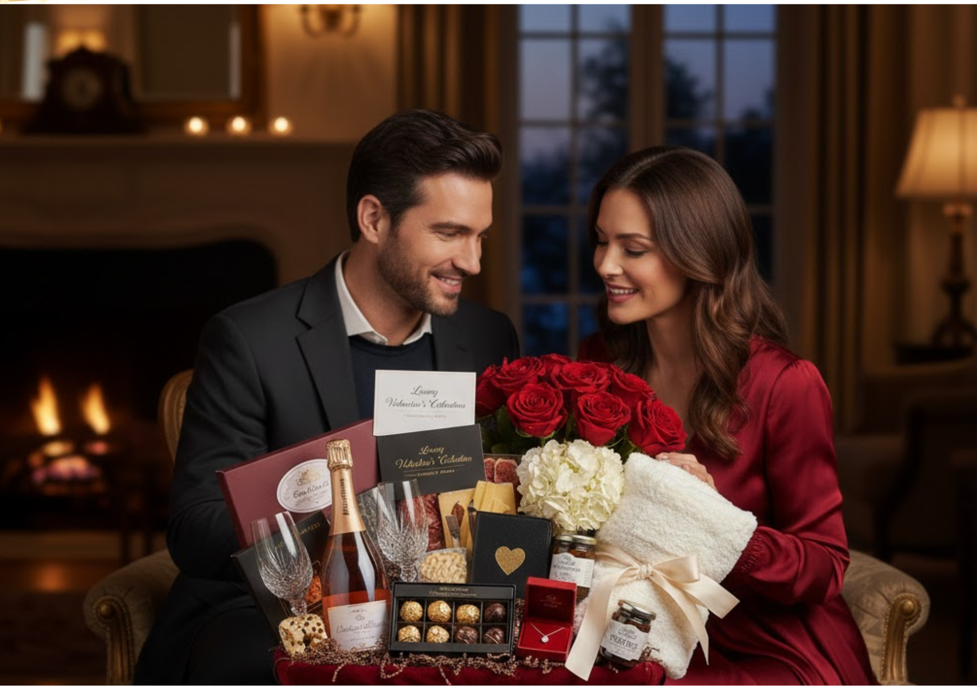 Couple enjoying a luxury Valentine’s gift basket with champagne, gourmet chocolates, red roses, plush blanket, and romantic keepsakes.