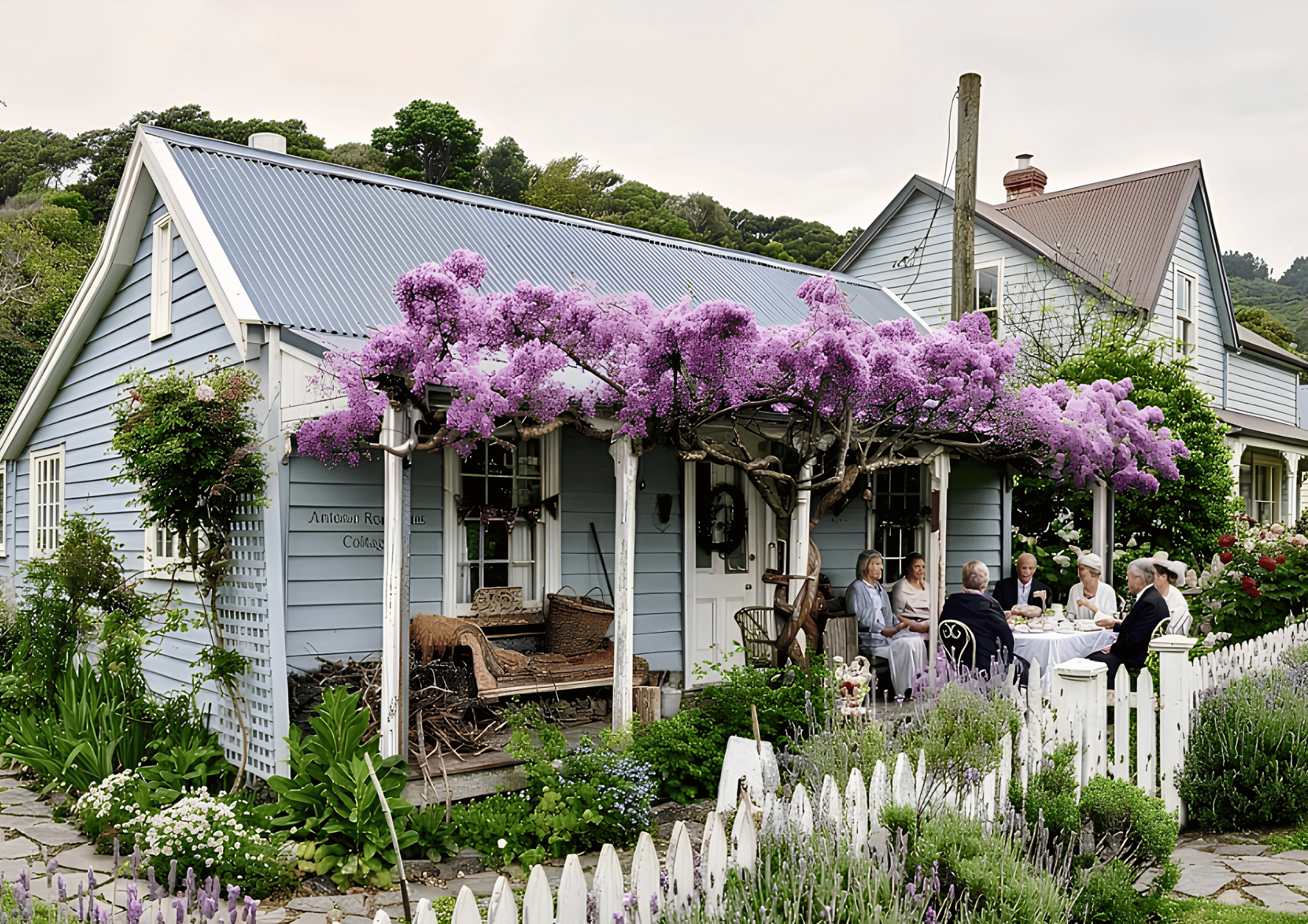 Best Hostess Gifts for a Cottage Weekend: A group enjoying an outdoor tea party by a light blue cottage with purple wisteria.