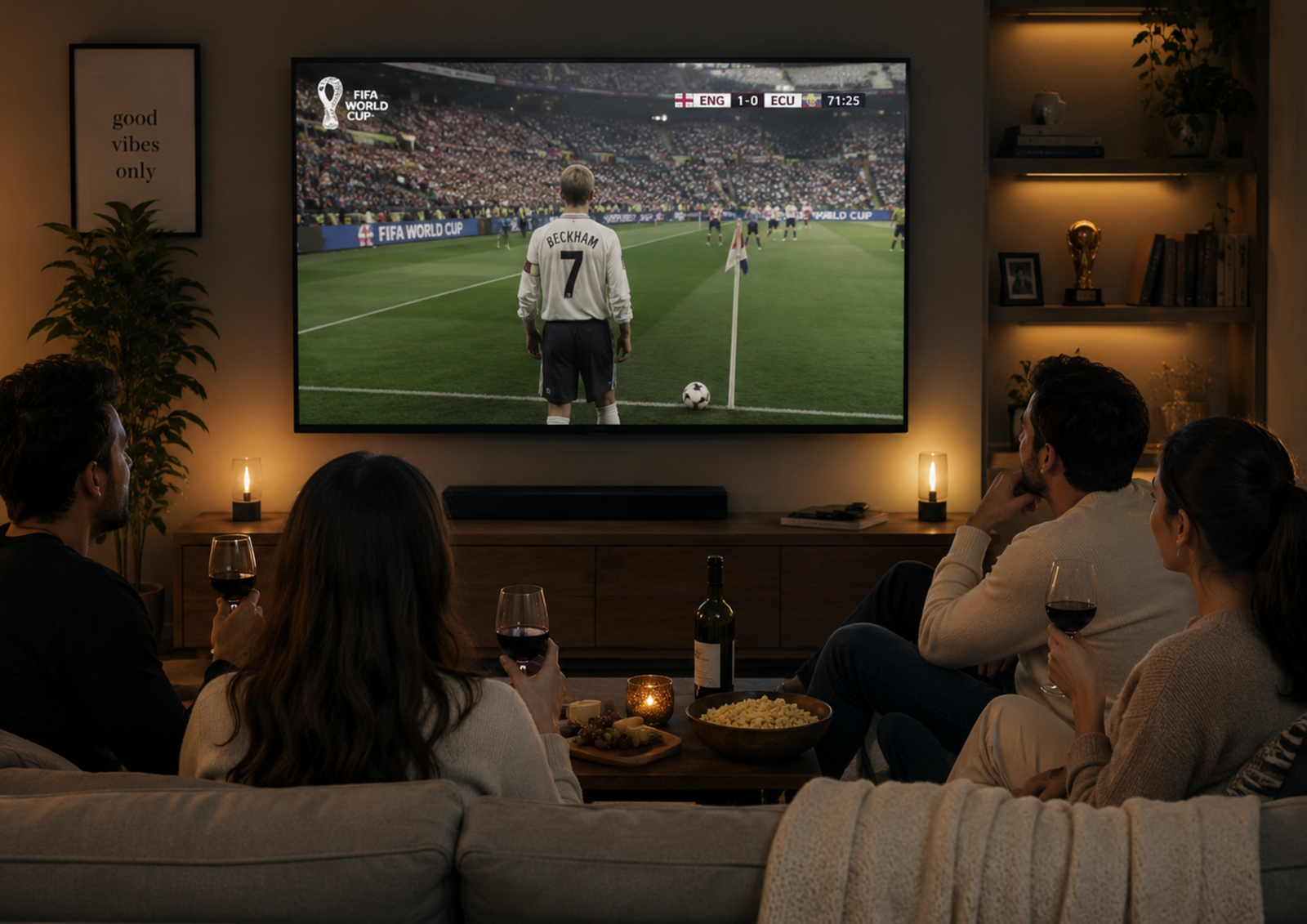 Four friends on a sofa drinking wine and eating snacks while watching a FIFA World Cup soccer match on a large TV screen.