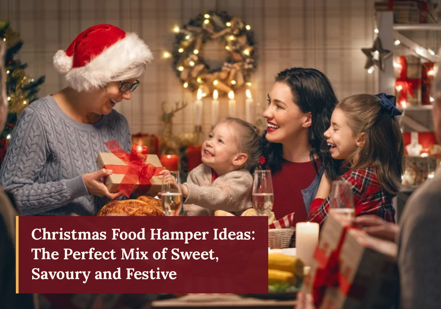 Family celebrating Christmas with text reading "Christmas Food Hamper Ideas: The Perfect Mix of Sweet, Savoury and Festive".
