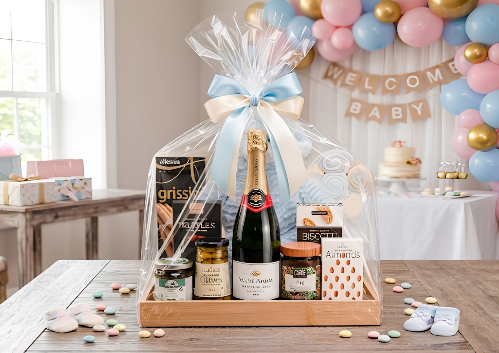 Corporate Baby Shower Gifts: A wrapped champagne and gourmet hamper on a table with baby shoes and balloon decor.