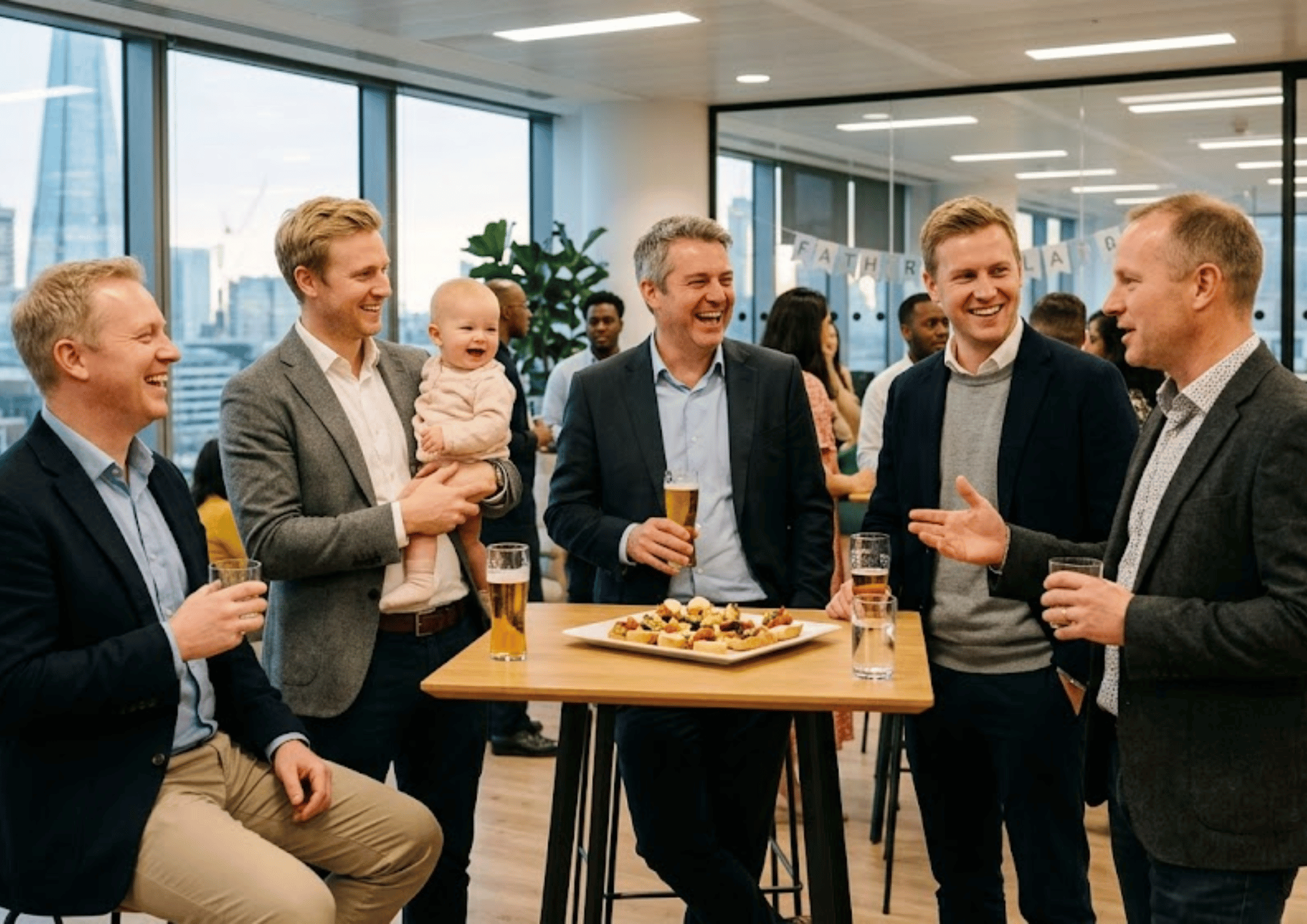 Professionals laughing at an office party with drinks, appetizers, and a baby, showing corporate gifting.