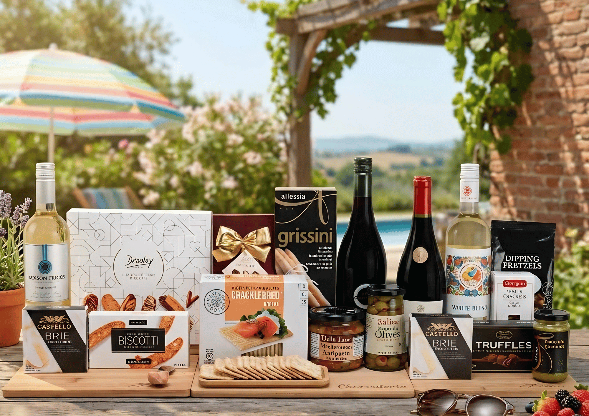 What to Put in a Custom Summer Gift Basket: An abundant spread of wine bottles, brie, crackers, biscotti, truffles, and olives on a sunny patio.