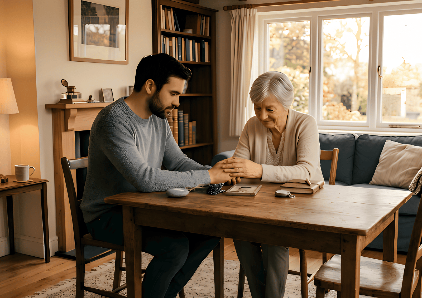 A man and woman sit holding hands across a wooden table, looking down at personal photos, in shared grief and remembrance.