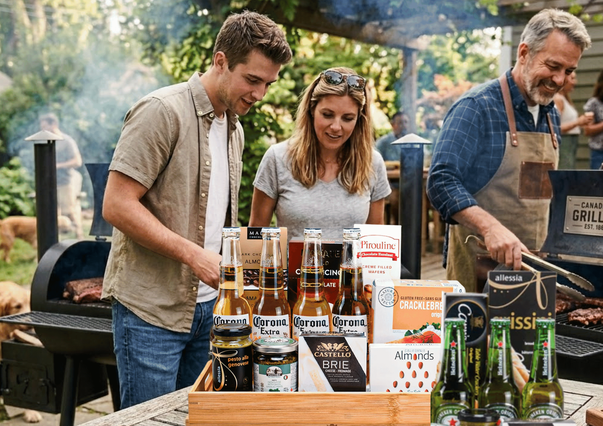 Father's Day BBQ & Beer Gift Baskets: A family gathering around a grill outdoors with a beer and snack basket.