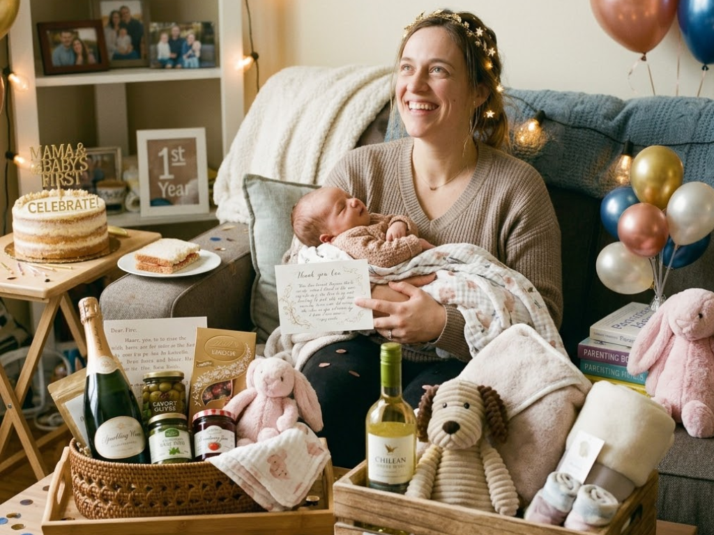 Happy mother with a newborn and curated gift baskets featuring wine, plush toys, and gourmet foods..
