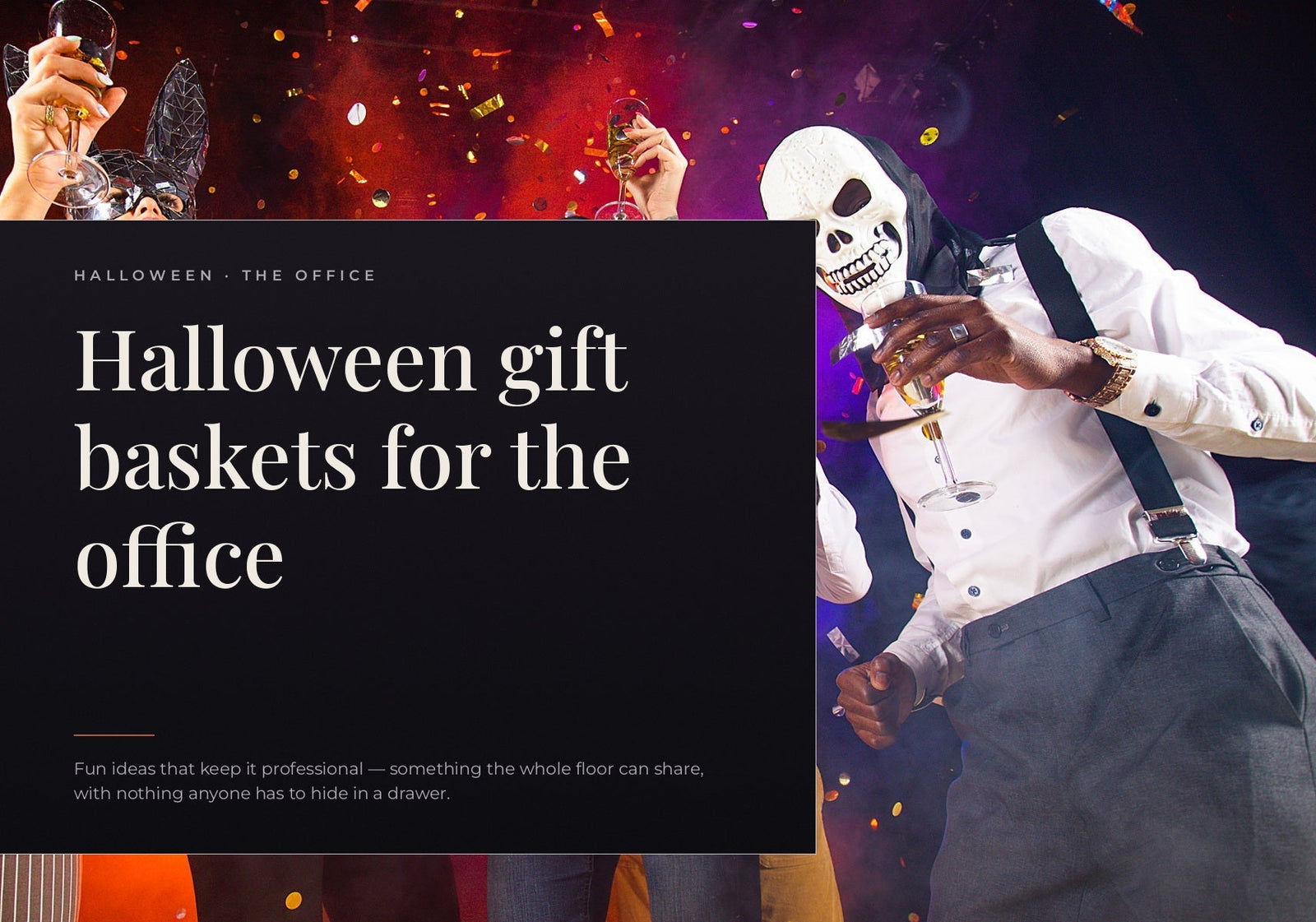 A person in a skeleton mask and suspenders holding a champagne glass at a festive party.