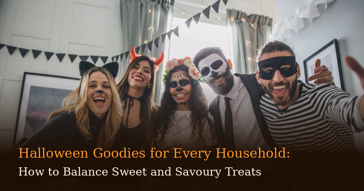 Friends in Halloween costumes smiling,