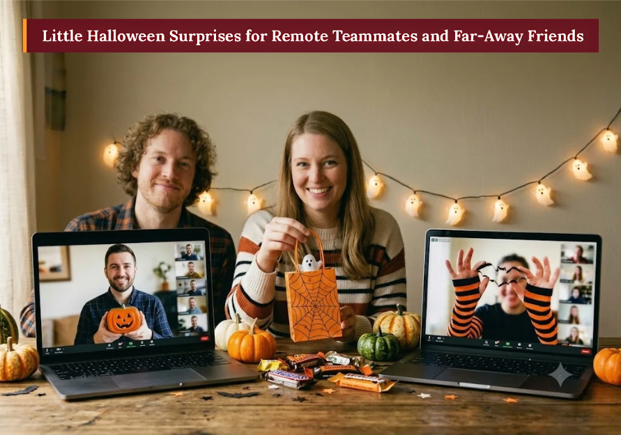 Two people on video call holding Halloween treats with text "Little Halloween Surprises for Remote Teammates and Far-Away Friends".