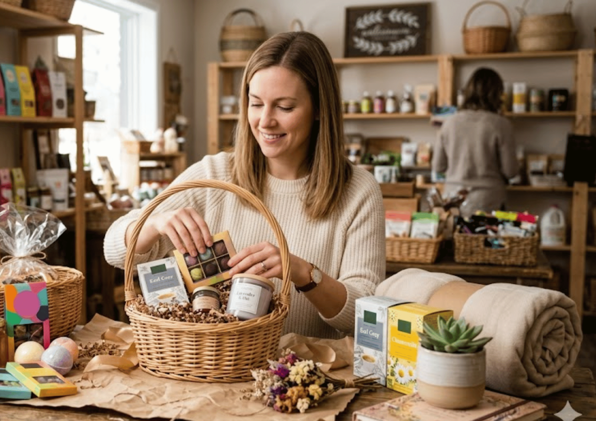 A woman in a gift shop carefully arranging truffles, Earl Grey tea, and a lavender candle into a gift basket.