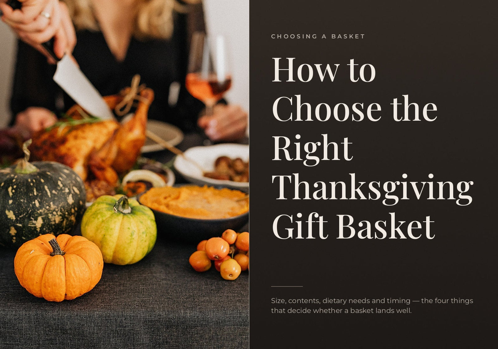A table decorated with small pumpkins and squash alongside a roasted turkey dinner setup.