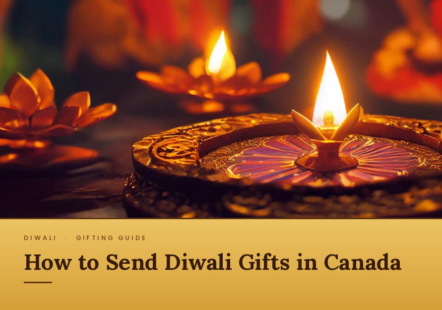 Decorative glowing Diwali diyas with text reading "How to Send Diwali Gifts in Canada".