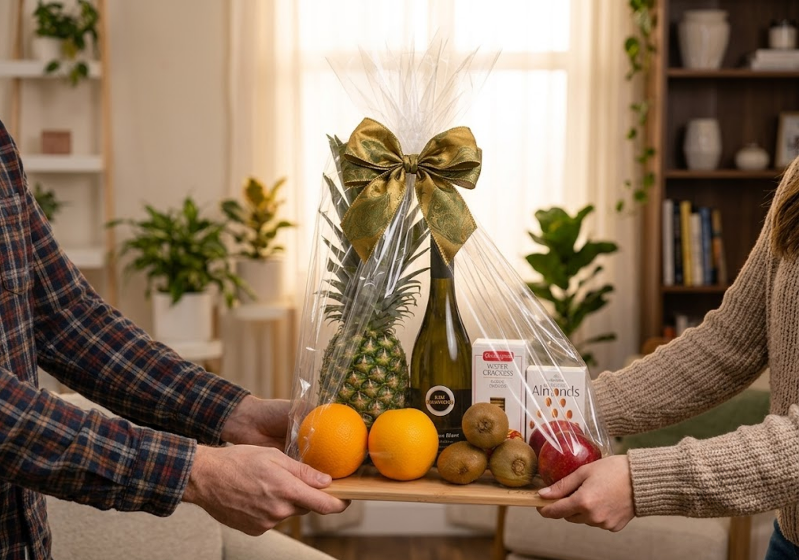 Two people handing over a cellophane-wrapped vegan gift basket with a gold bow in a bright living room.