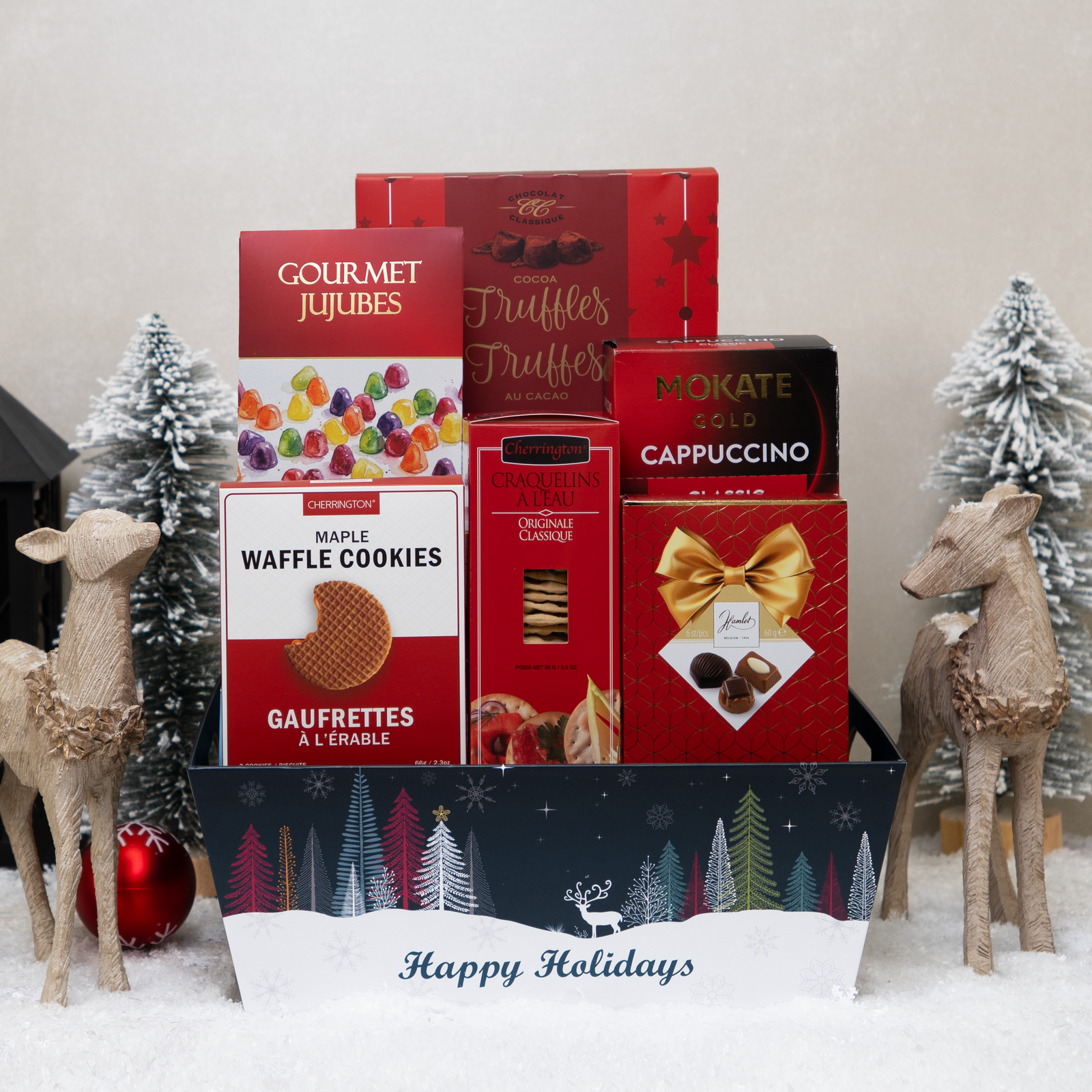 Happy Holidays Sweet Treats Basket with truffles, cookies, crackers, cappuccino, and more.