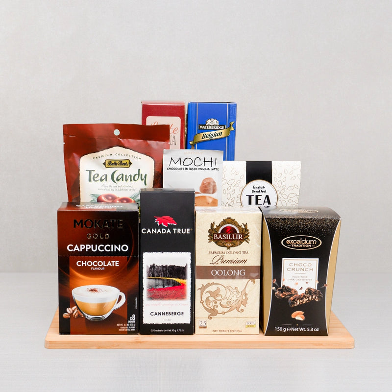A royal tea and coffee comfort gift basket for grandparents
