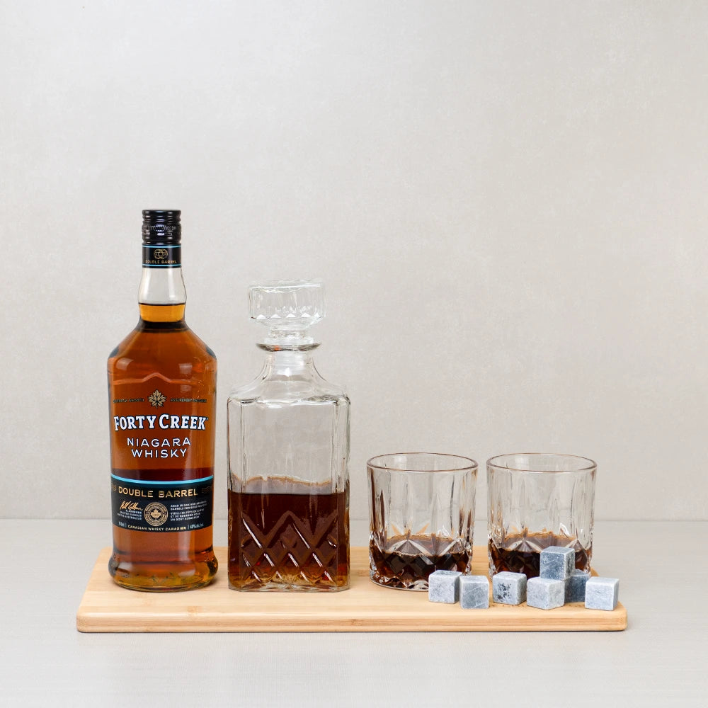 Premium Canadian whiskey set with decanter, glasses and chilling stones - perfect for Thank You, Corprate and Christmas gifts.