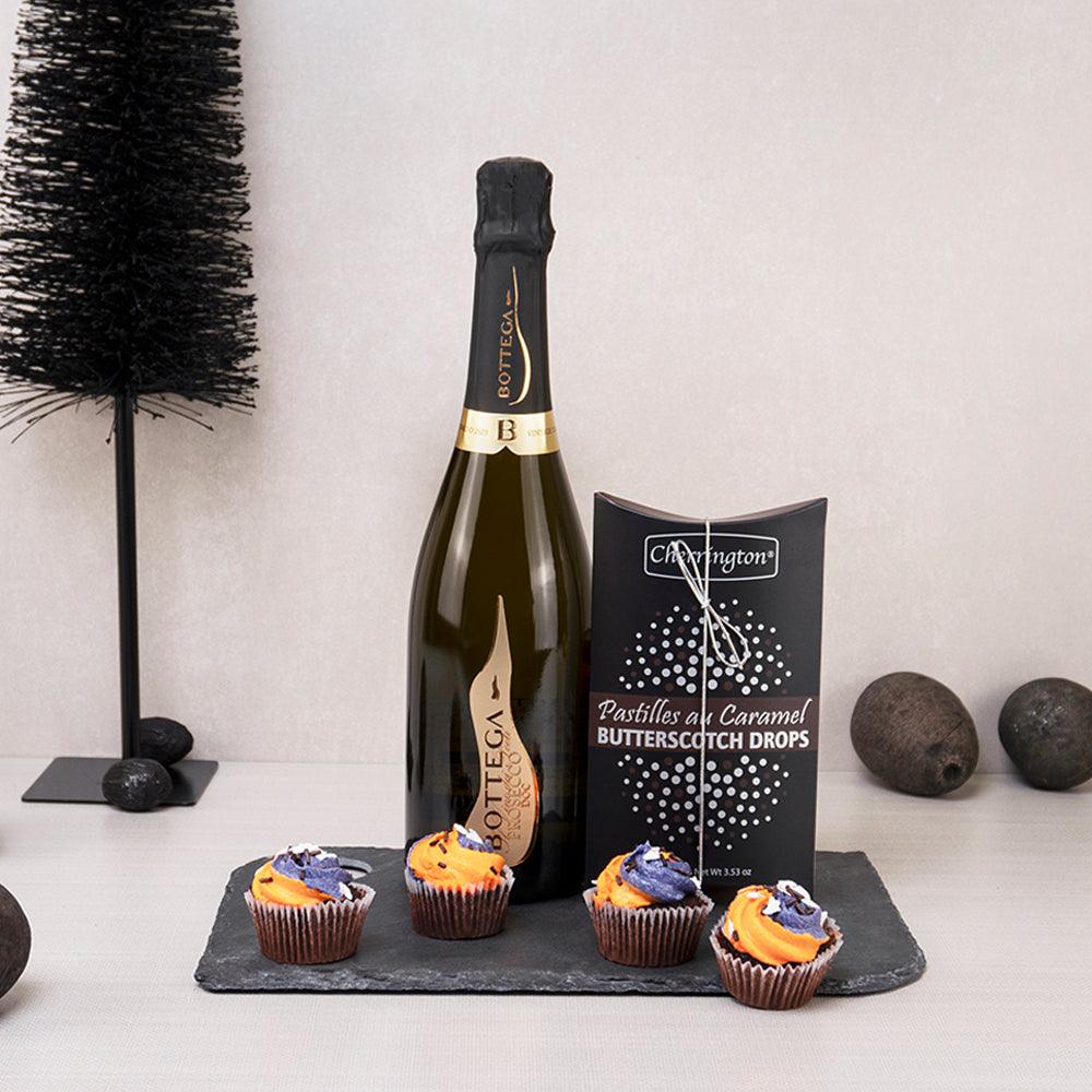 Pooky Sparkles & Sweet Delights gift set with Bottega Prosecco, butterscotch drops and frosted cupcakes on a slate tray