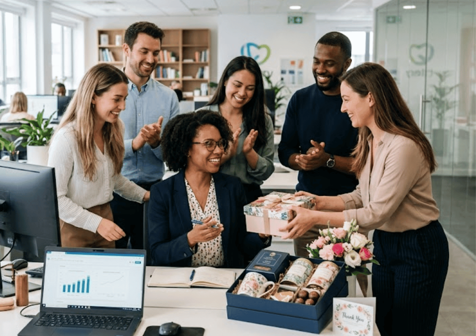 Corporate Mother's Day appreciation event with a luxury tea and snack gift basket, flowers, and a smiling team.