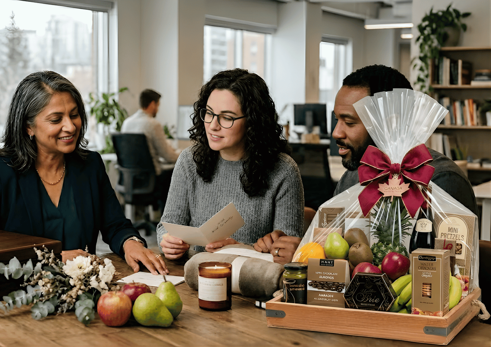 Professionals selecting a premium sympathy gift hamper for employees, featuring gourmet treats and fruits.