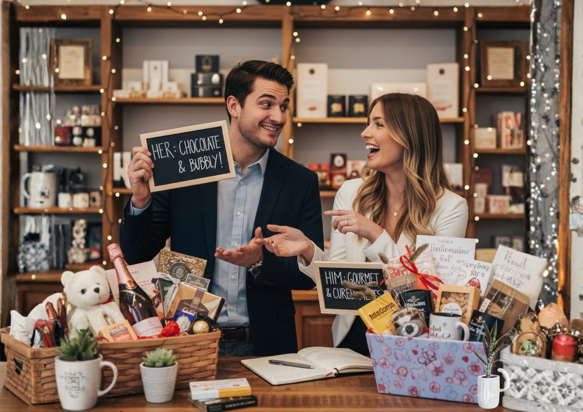 Couple presenting Valentine’s gift baskets with chocolate, wine, teddy bear, and gourmet treats.