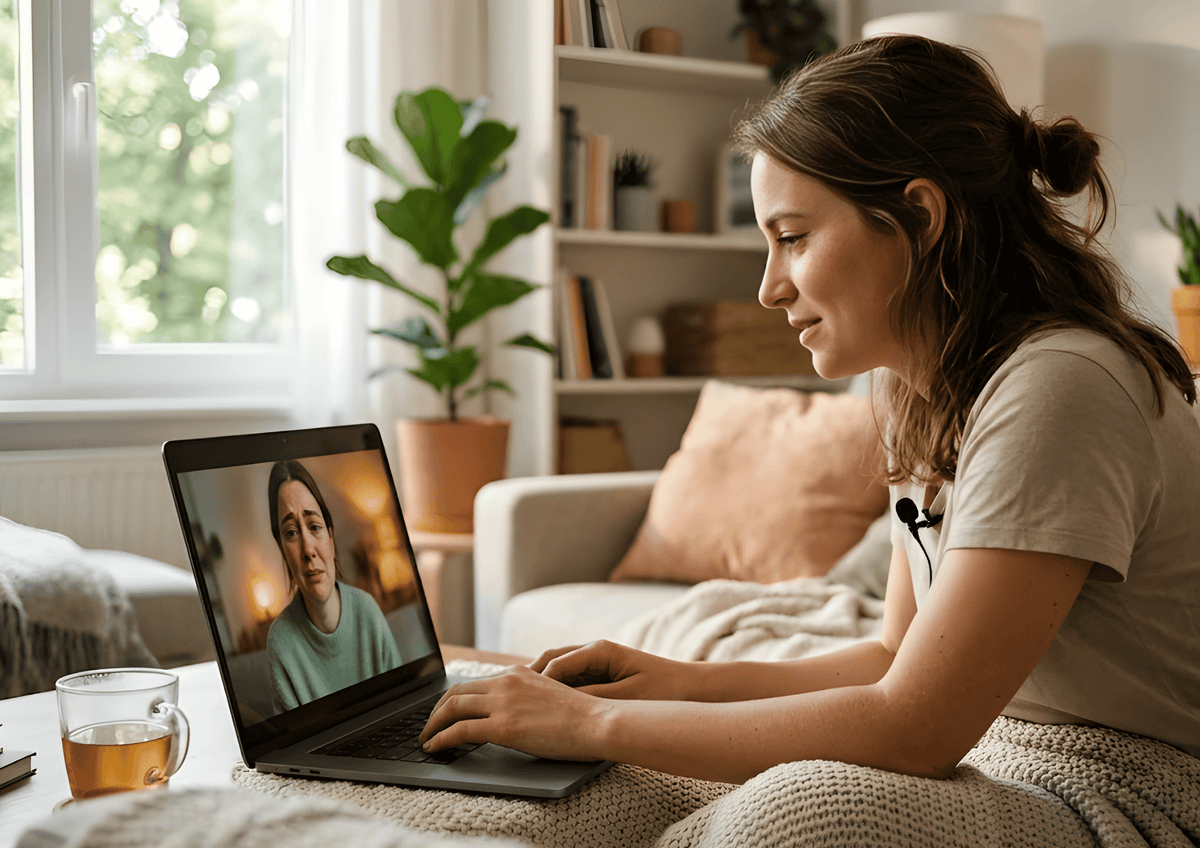 Young woman on a laptop providing emotional support to a friend via video chat.