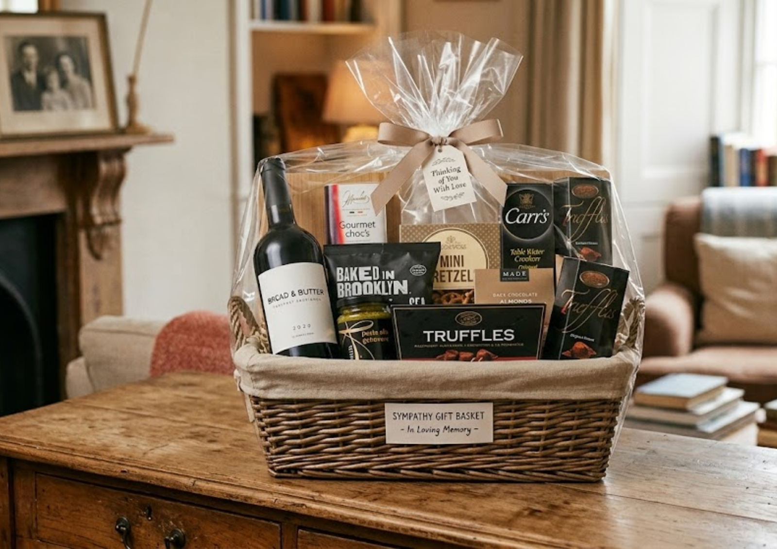 A wrapped sympathy gift basket on a wooden table, featuring Bread & Butter red wine, chocolate truffles, pretzels, Carr's crackers, and a "Thinking of You With Love" tag.