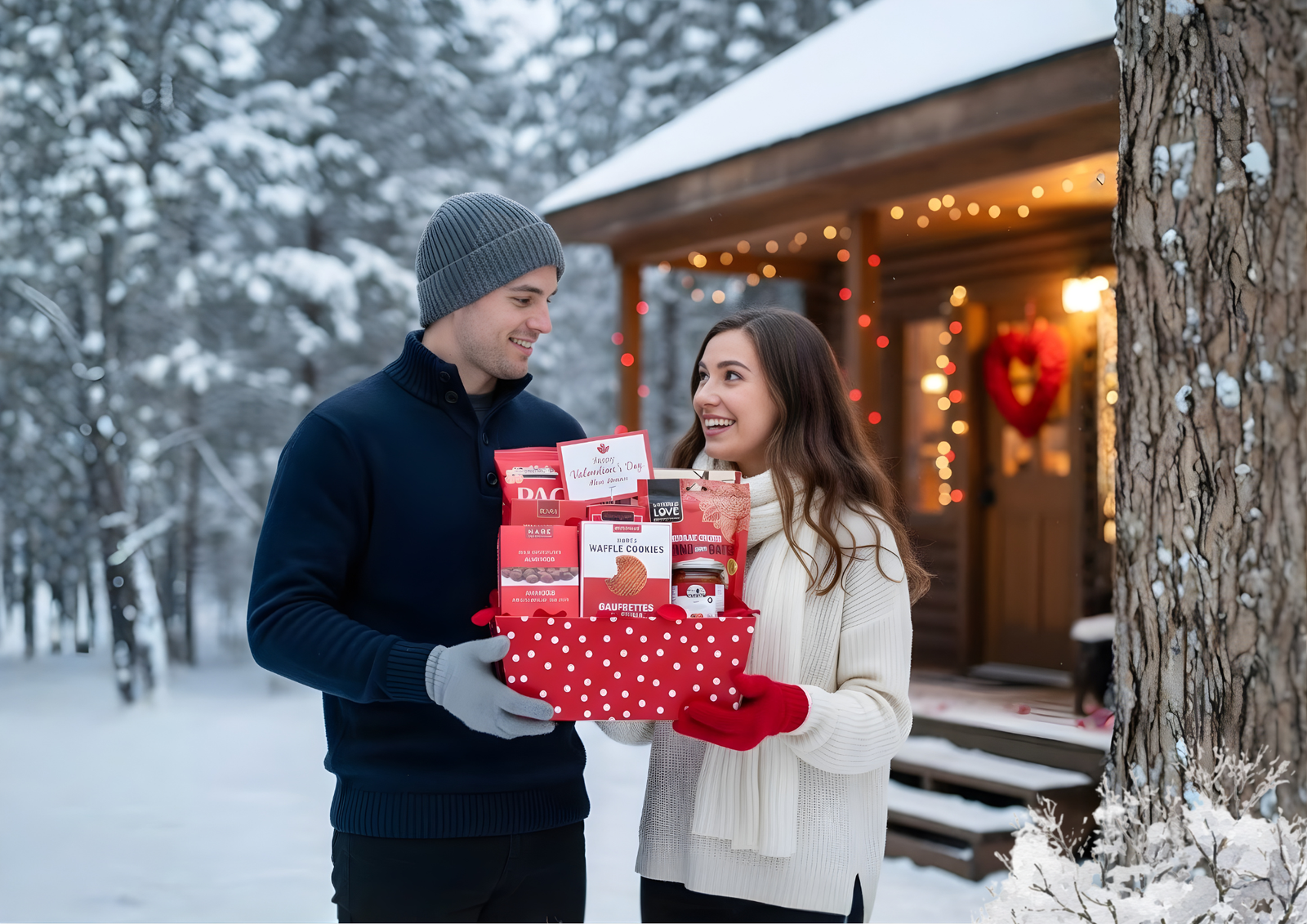 Couple holding a Valentine’s gift basket filled with chocolates and sweet treats outside a snowy cabin.