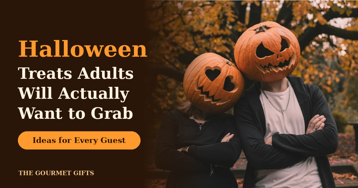 Two people wearing carved pumpkin heads with the text "Halloween Treats Adults Will Actually Want to Grab".