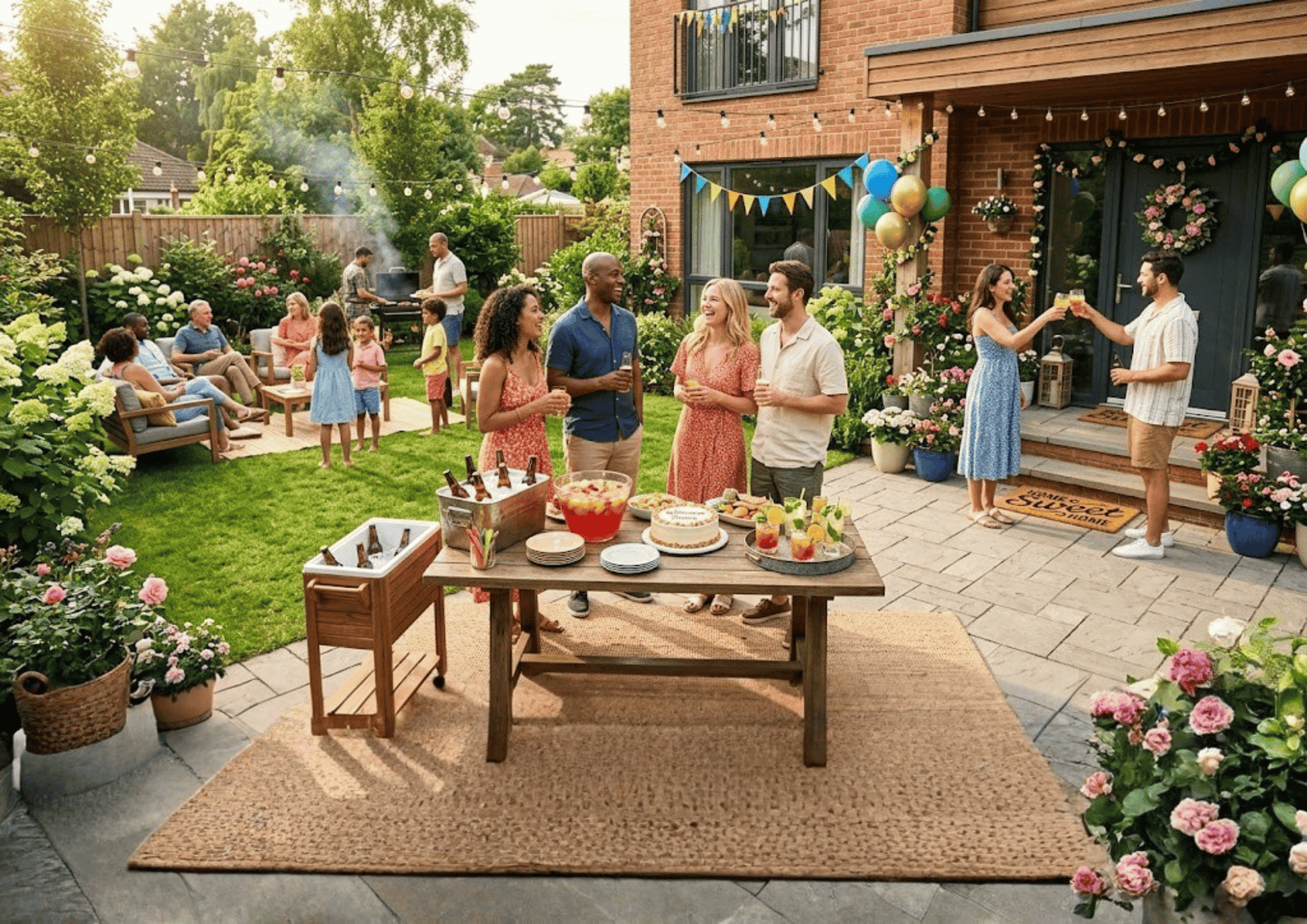 Best Housewarming Gift Baskets for Summer Move-Ins: Friends celebrating a backyard housewarming party with food, drinks, and a grill.