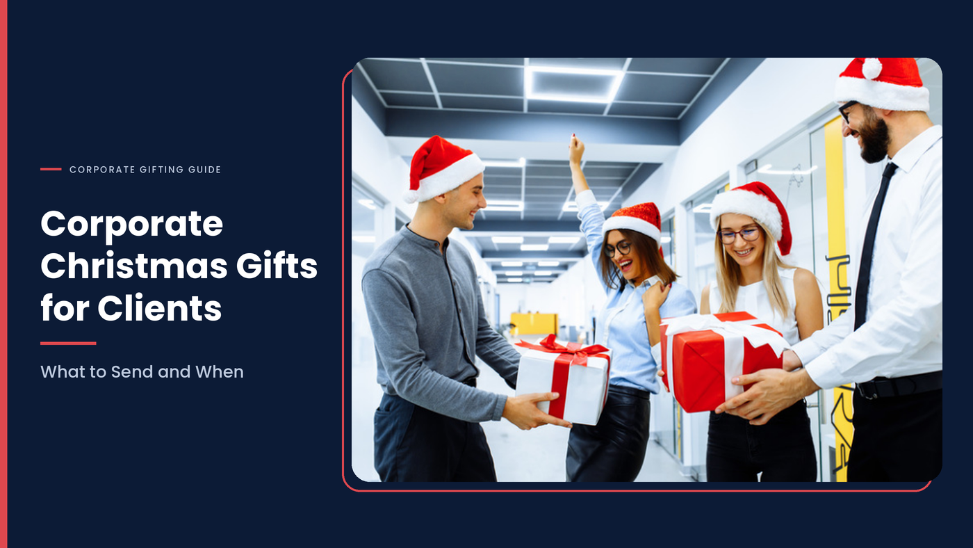 Colleagues in Santa hats exchanging holiday gifts in an office with text "Corporate Christmas Gifts for Clients".