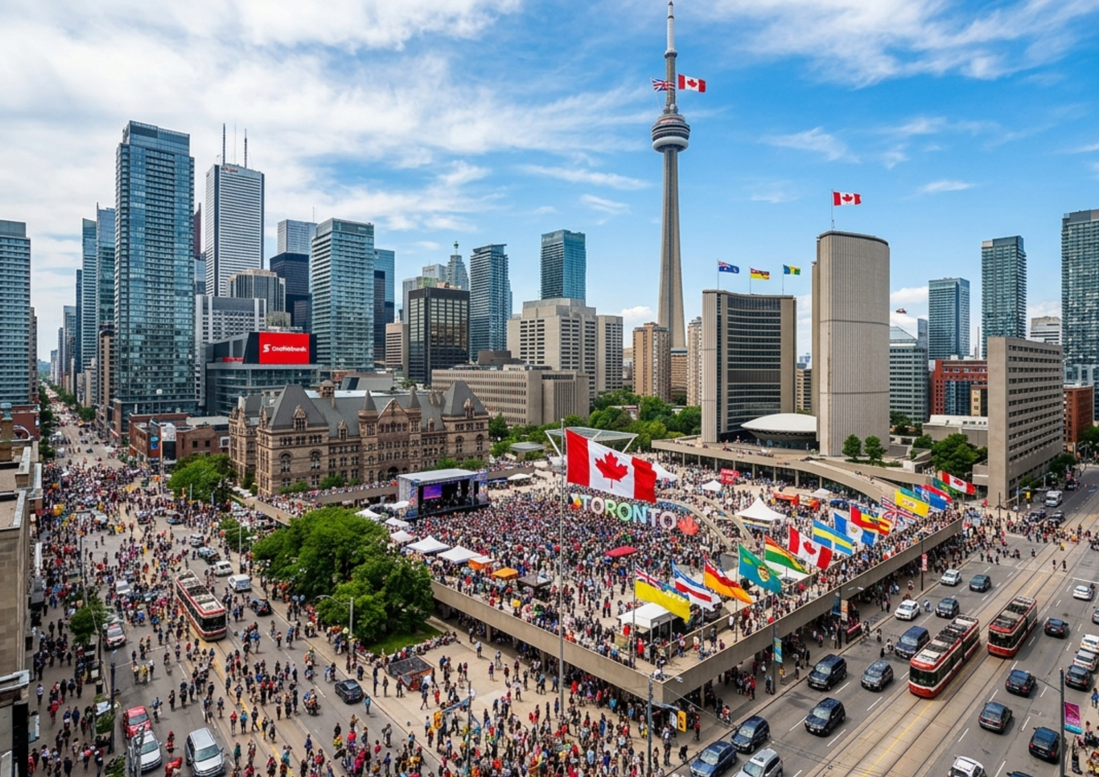 A large crowd gathered at Toronto's Nathan Phillips Square with the CN Tower and city skyline in the background.