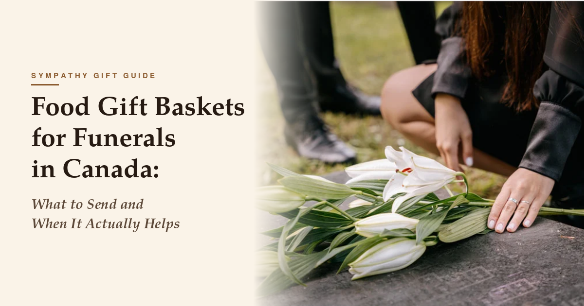 Person placing white lilies at a grave with text reading "Food Gift Baskets for Funerals in Canada".