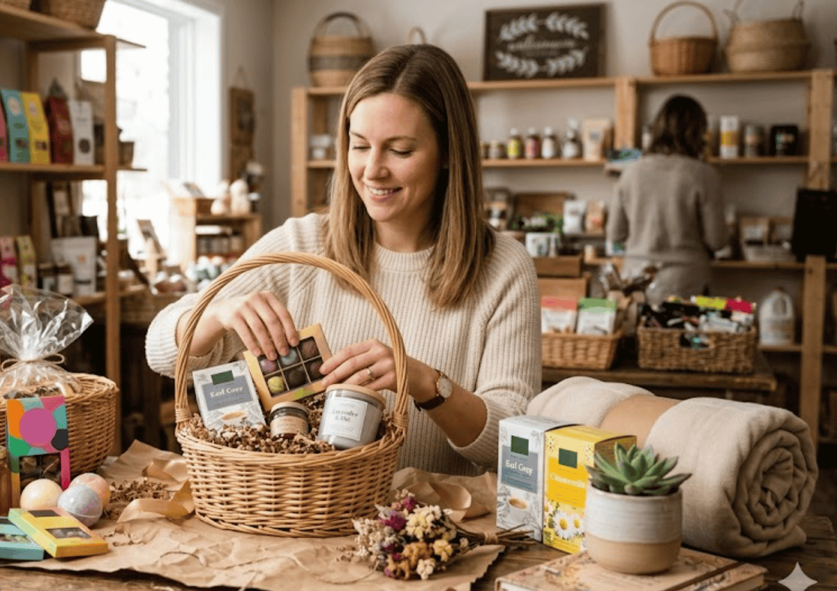 A woman in a gift shop carefully arranging truffles, Earl Grey tea, and a lavender candle into a gift basket.