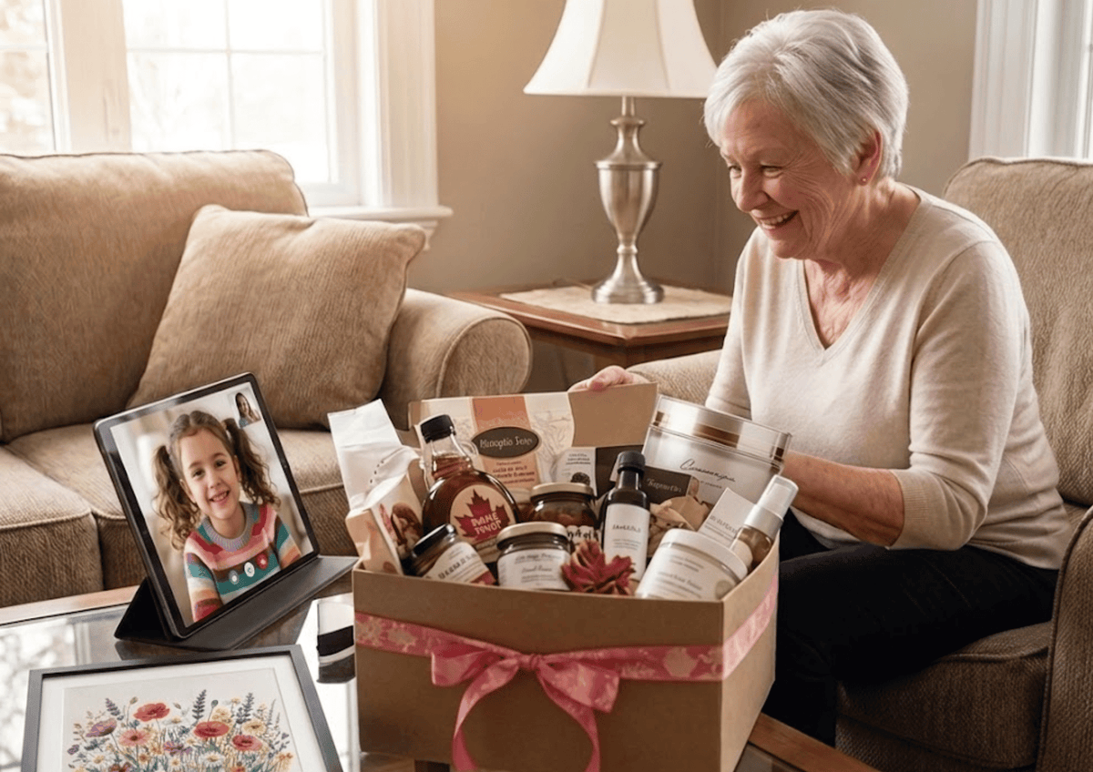 Long-distance Mother's Day gift: a woman opening a curated gourmet basket featuring Canadian treats.