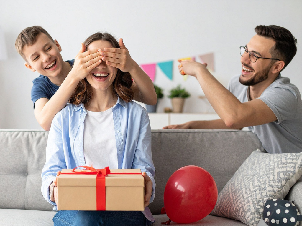 A joyful Mother’s Day surprise featuring a young boy covering his mother's eyes while a man presents her with a large brown gift box tied with a red ribbon.