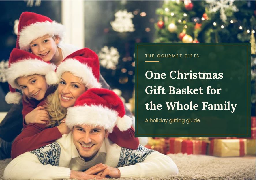 Family wearing Santa hats smiling together with text reading "One Christmas Gift Basket for the Whole Family".