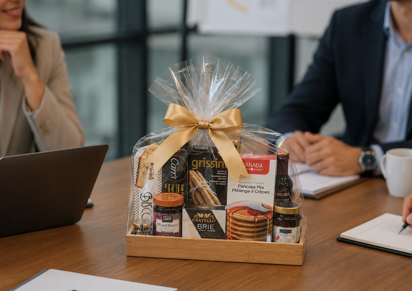 A cellophane-wrapped corporate gift hamper with a gold bow sitting on a conference table during a business meeting.
