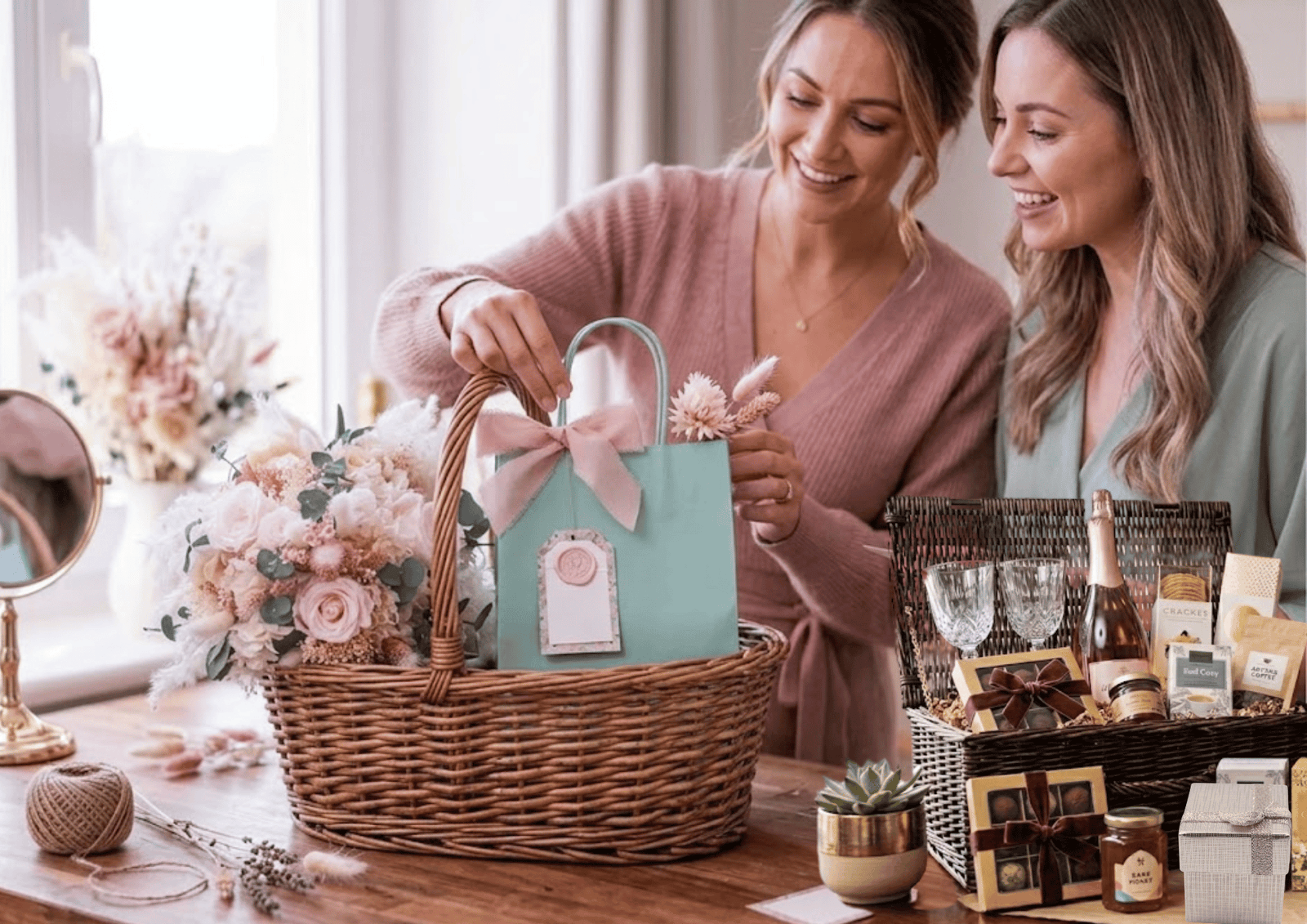 Two daughters smiling while putting a light blue gift bag and flowers into a large wicker Mother's Day basket.