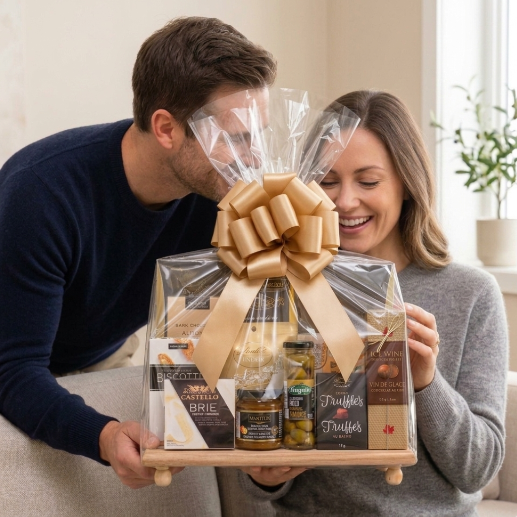 Luxury personalized gift hamper for Mom featuring artisanal snacks and elegant packaging on a reusable bamboo tray.