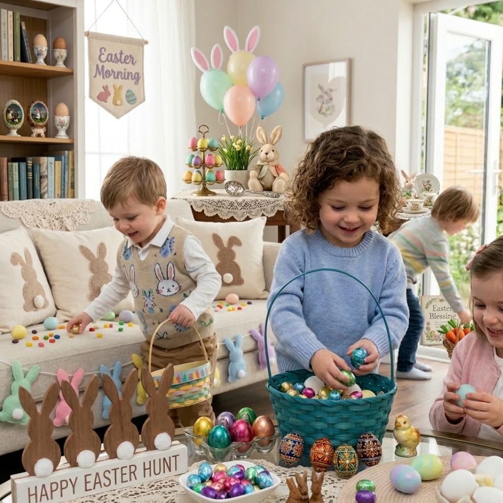 Child receiving an Easter gift hamper in a bright home—Gourmet Easter gifts Canada.
