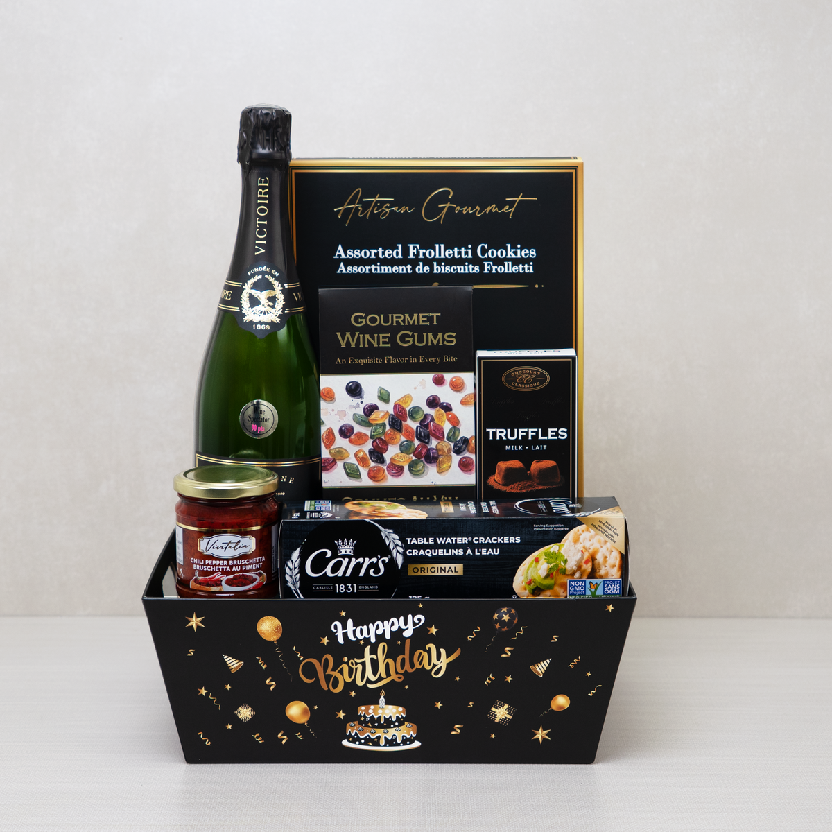 Birthday Celebration with Champagne gift basket: Victoire Champagne, wine gums and milk truffles in a Happy Birthday tray