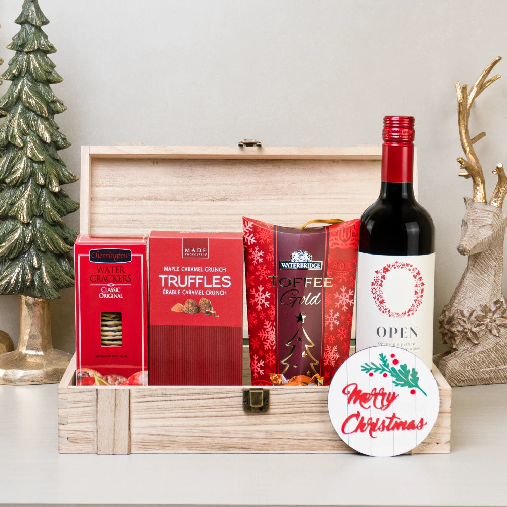 Christmas Wine & Treats Case: red wine, Waterbridge Toffee Gold, maple caramel truffles and water crackers in a wooden box