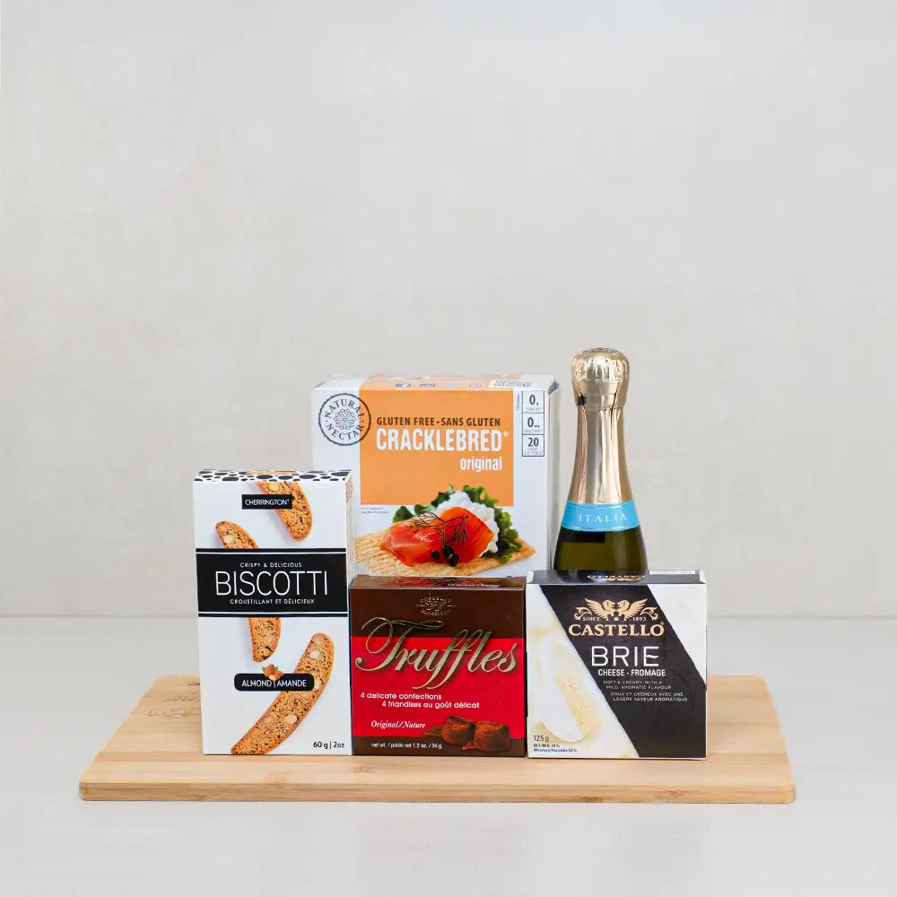 Crackling Celebration Basket with mini Italian sparkling wine, Castello brie, cocoa truffles, Cracklebred and almond biscotti