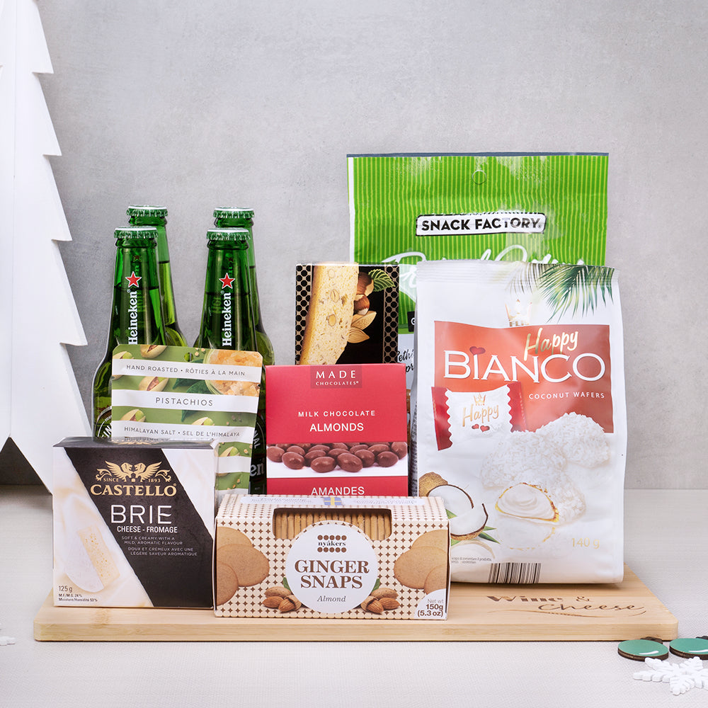 Classic Beer & Snack Gift Basket with four Heineken lagers, Castello brie, Nyakers ginger snaps and Bianco coconut wafers