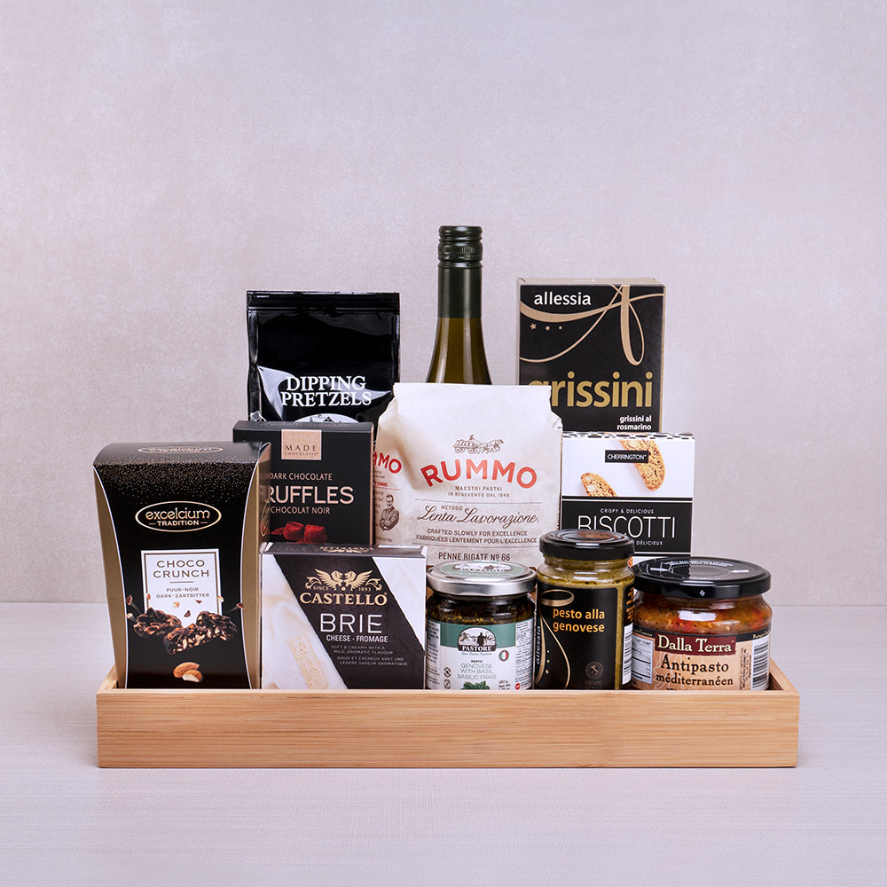 Taste of Italy Gourmet Gift Collection with white wine, Rummo penne, Castello brie, Dalla Terra antipasto and pesto on a tray