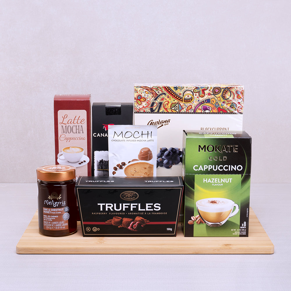 Sweet Hazelnut & Mocha Moments gift tray with Mokate hazelnut cappuccino, raspberry truffles, chestnut honey and latte mixes