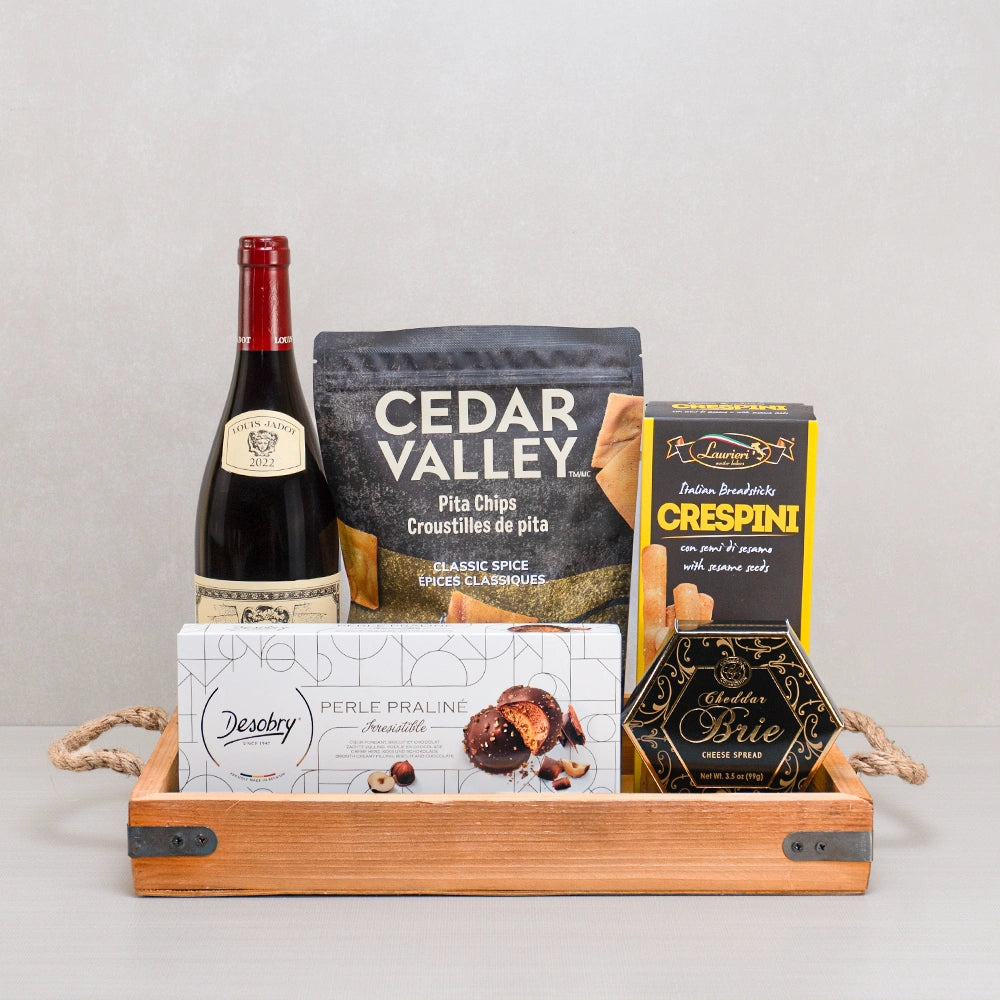 Pita Chips & Pairings Delight tray: Louis Jadot red wine, Cedar Valley pita chips, Crespini breadsticks and Desobry cookies